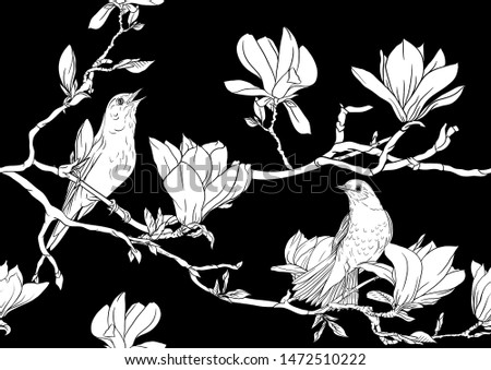Magnolia tree branch with flowers and nightingale Seamless pattern, background. Black and white graphics. Vector illustration.	