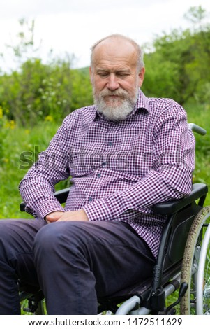 Picture of an elderly man  sitting in a wheelchair spending time outdoor in the park