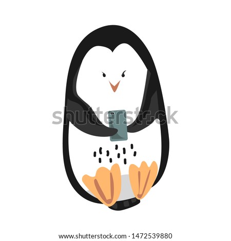 Cute funny emperor penguin with mobile phone isolated on white background. Cartoon vector illustration