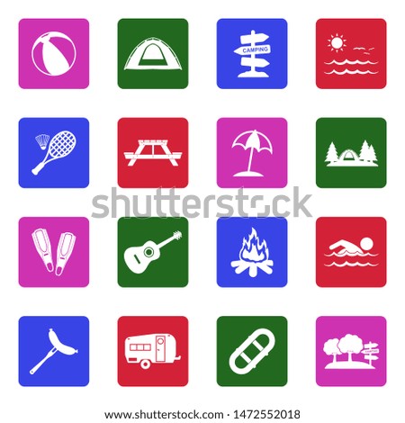 Summer Camp Icons. White Flat Design In Square. Vector Illustration.