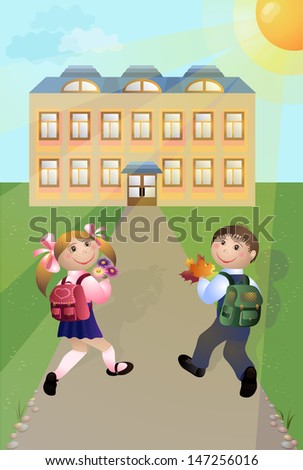 Children go to school. Vector illustration.