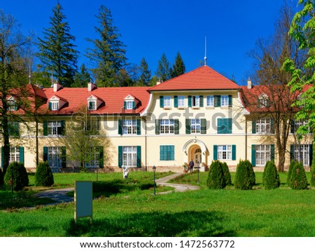 Old villa with garden in Rogaska Slatina in Slovenia in South Styria. Travel in Europe Slovenian luxury spa resort. Summer view. Town destination. Cityscape and landscape.