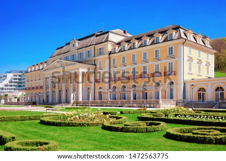 Garden and park in hotel building in Old city of Rogaska Slatina in Slovenia in South Styria. Travel in Europe Slovenian luxury spa resort. Summer view. Town destination. Cityscape and green landscape