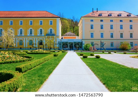 Garden and park at hotel building in Old city of Rogaska Slatina in Slovenia in South Styria. Travel in Europe Slovenian luxury spa resort. Summer view. Town destination. Cityscape and green landscape