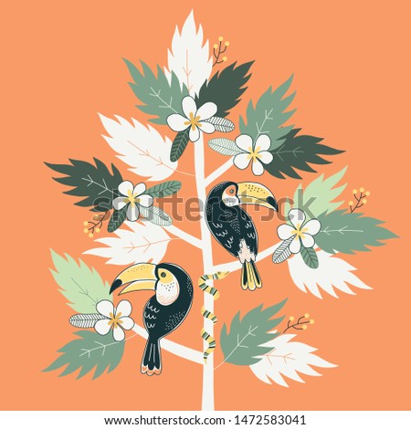 Toucans and tropical plants hand drawn vector illustration. Exotic birds isolated design element on orange background. Tropical flowers, jungle tree. Travel postcard, t shirt print design