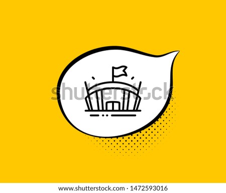 Sports stadium line icon. Comic speech bubble. Arena with flag sign. Sport complex symbol. Yellow background with chat bubble. Arena icon. Colorful banner. Vector