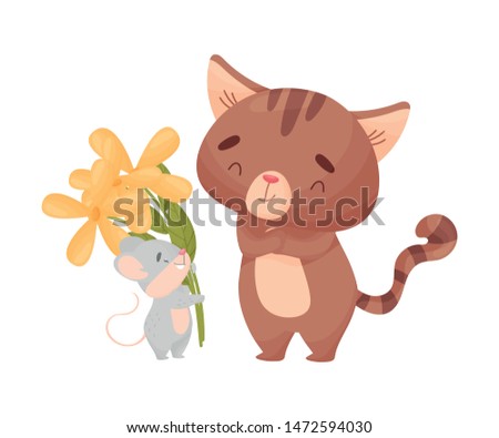Cartoon mouse gives a bouquet to a cat. Vector illustration on white background.