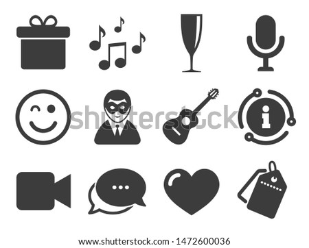Carnival, guitar and champagne glass signs. Discount offer tag, chat, info icon. Party celebration, birthday icons. Gift box, music and video camera symbols. Classic style signs set. Vector