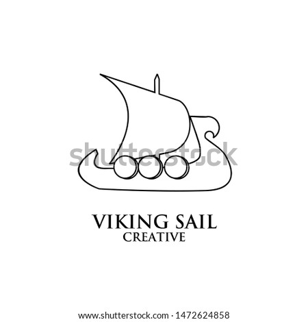 viking boat ship black line outline logo icon design vector illustration