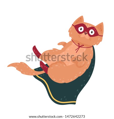 Superhero cat character in costume. Cute animal in mask and cape. Cartoon vector illustration isolated on white background. 