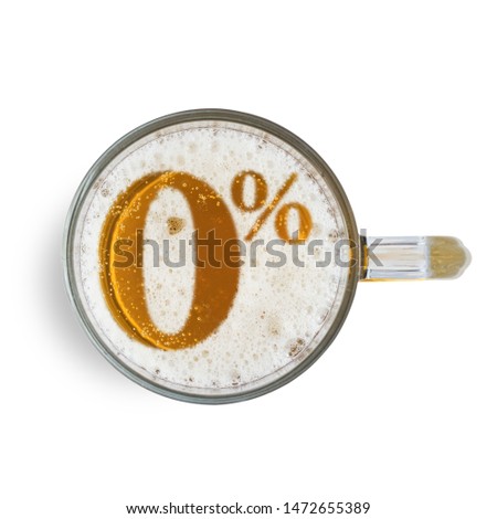 Symbol non alcoholic beer on the beer foam in glass isolated on white background. Top view.