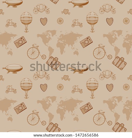 Cute vintage steampunk wallpaper, seamless background. Pattern set of bike, airship, balloon, world map, heart, photo camera, cogs and gears.