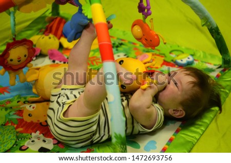 Toddler (6 months old, European, blond hair) plays with toys on a jungle-style playmate