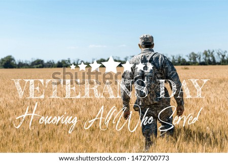 soldier in military uniform with backpack walking in field with golden wheat with veterans day, honoring all who served illustration