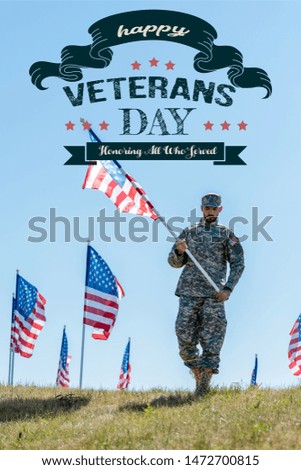 handsome soldier in military uniform and cap holding american flag with happy veterans day, honoring all who served illustration