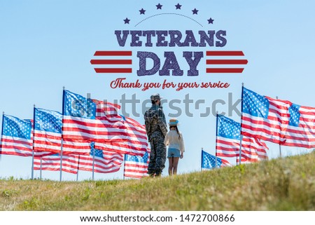 man in military uniform standing with daughter near american flags with veterans day, thank you for your service illustration