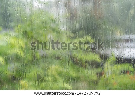 Raindrop on window with blur green tree background