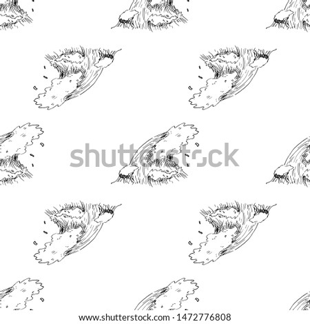 Hand Drawn seamless pattern ocean wave doodle. Sketch style icon. Isolated on white background. Flat design. Vector illustration.
