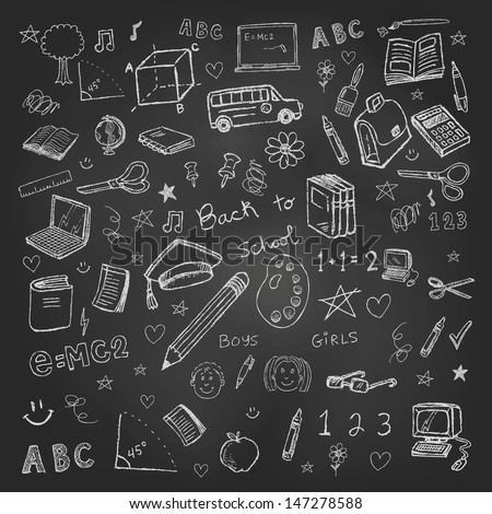Back to school doodles in chalkboard background Royalty-Free Stock Photo #147278588