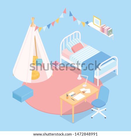 Pastel isometric child room in light blue. Vector illustration in flat design, isolated.