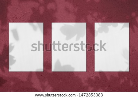 Three empty white vertical rectangle poster mockups with soft shadows on dark red colored concrete wall background. Flat lay, top view
