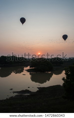 Bagan with balloons at the sunset, Myanmar