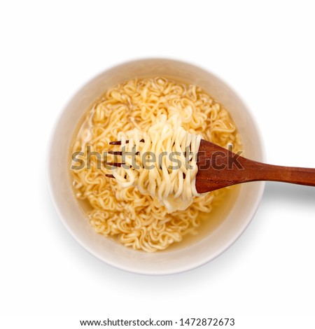 Noodles in white bowl isolated on white background , top view , flat lay.