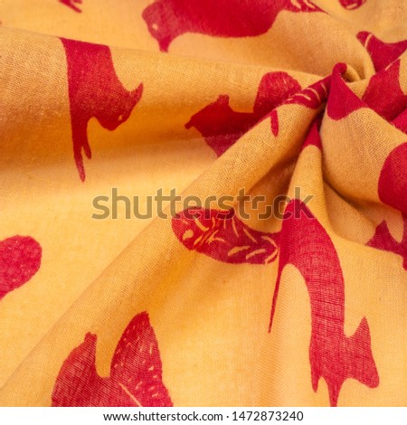 Texture, background, cotton fabric thin yellow with a print of squirrels, martens, sables. Pattern, Decor, Textile, Art, with this fabric you immerse yourself in the world of Rokashi and prosperity