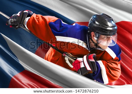 Czech Hockey Player in action around national flag