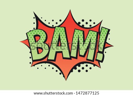 Bam inscription in pop art style on green background.