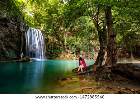 Red woman Waterfalls in nature, Kanchanaburi Thailand