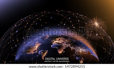 Vector. Planet Earth from space. Flickering lights of cities. Map of the mainland. Global communications system and the World Wide Web. Technologies and communications. Globalization. Luminous sphere. Royalty-Free Stock Photo #1472894255