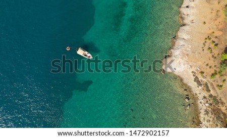 Aerial drone photo of picturesque rocky coves in Kentri area with emerald clear sea, Galaxidi picturesque village, Fokida, Greece