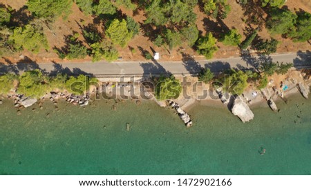 Aerial drone photo of picturesque rocky coves in Kentri area with emerald clear sea, Galaxidi picturesque village, Fokida, Greece