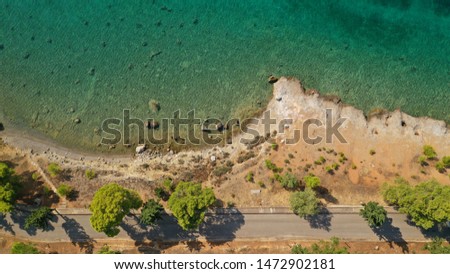 Aerial drone photo of picturesque rocky coves in Kentri area with emerald clear sea, Galaxidi picturesque village, Fokida, Greece