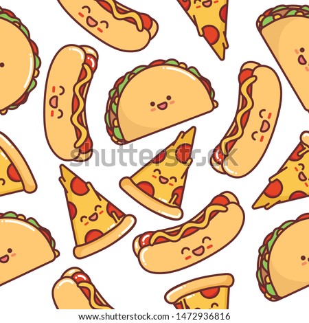 
Vector image, seamless pattern. Print tacos, hot dog, a slice of pizza. Fast food, unhealthy, junk, greasy food. Shameless image for fabric or textile, poster, banner, for snack bar. Kawaii food.