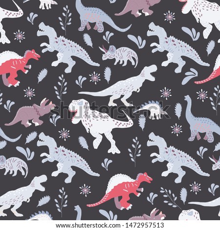 Dinosaurs cute hand drawn seamless pattern on black background. Vector Illustration