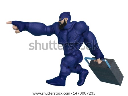 super hero cartoon with beard on suit is going on vacation. This hiper guy in clipping path is very useful for graphic design creations, 3d illustration