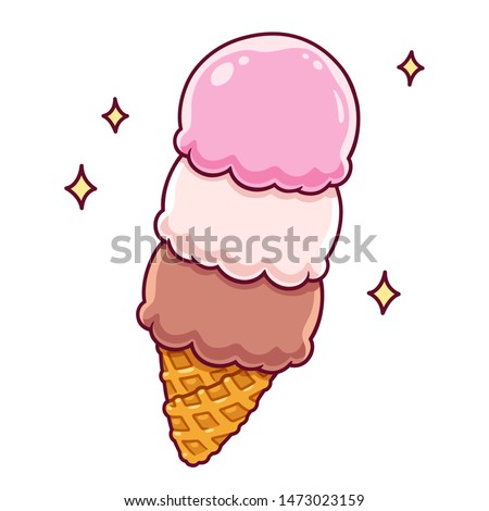 Cartoon Neapolitan ice cream drawing. Vanilla, strawberry and chocolate scoops in waffle cone. Cute, shiny frozen dessert vector illustration.