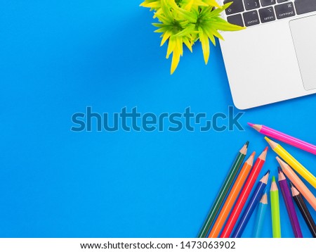 Minimal workspace - creative flat lay of your desktop. Office table top view with laptop. View from above. Place for your text.