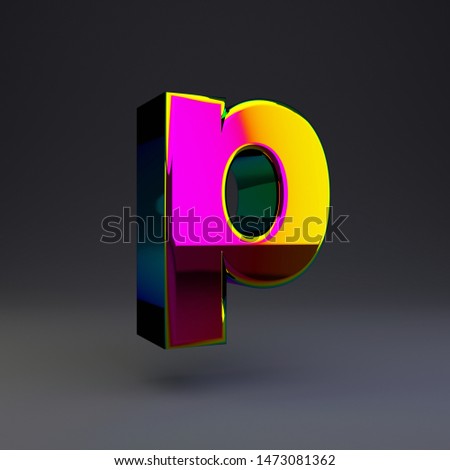 Holographic letter P lowercase isolated on black. 3D rendered multichrome glossy alphabet type for poster, banner, advertisement, decoration.