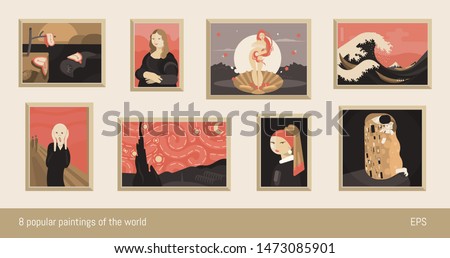 Set of 8 vector paintings, flat minimalism. Inspired by Dali, da Vinci, Botticelli, Hokusai, Munch, Van Gogh, Vermeer and Klimt.