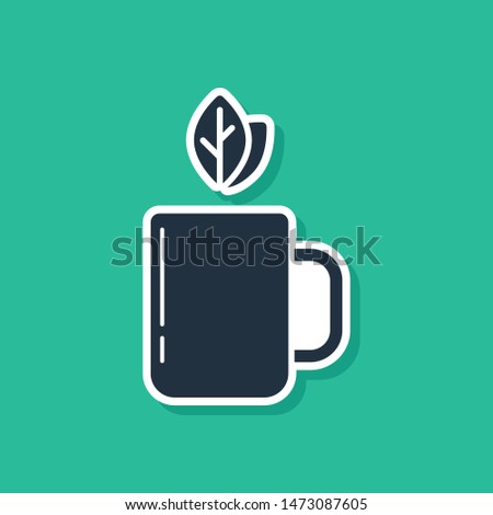 Blue Cup of tea and leaf icon isolated on green background.  Vector Illustration