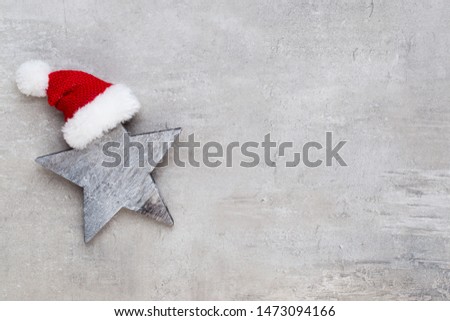 Christmas greeting card. Festive decoration on gray background. New Year concept. Copy space.  Flat lay. Top view.