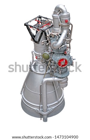 space rocket engine isolated on white background top down perspective view of jet fuel power device for missile with silver body gas exhaust pipes exterior design vertical reference photo