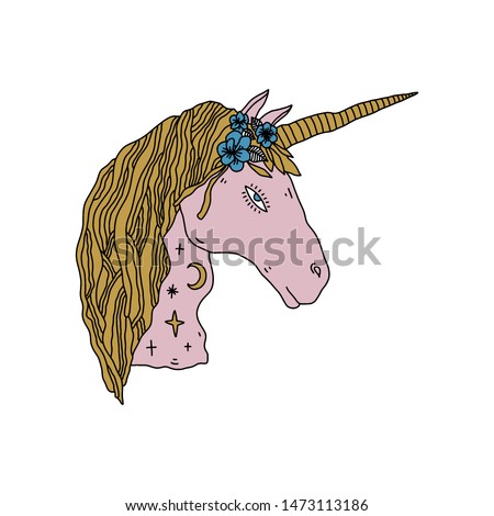 Romantic Unicorn Girl Flowers Linear Medieval Engraving Style Gold Horn Magical Vector Clipart Illustration Sticker