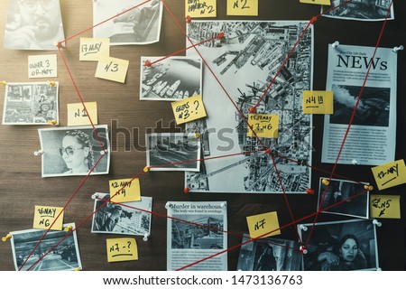 Detective board with photos of suspected criminals, crime scenes and evidence with red threads, retro toned Royalty-Free Stock Photo #1473136763