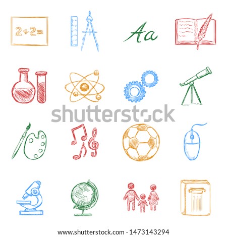 Vector Set of Color Sketch School Subjects Icons
