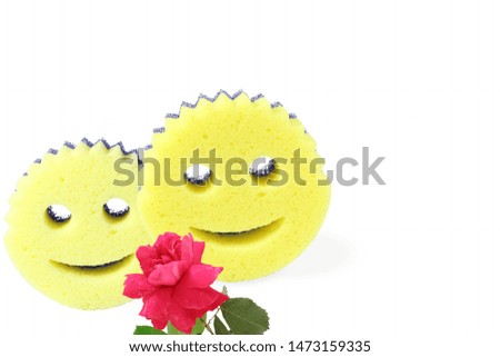 happy icon Foam sponges romantic smiley couple face with rose flower copy space in white background