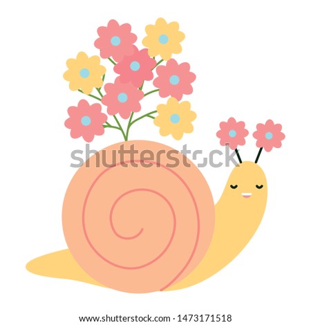 flowers garden with snail kawaii character